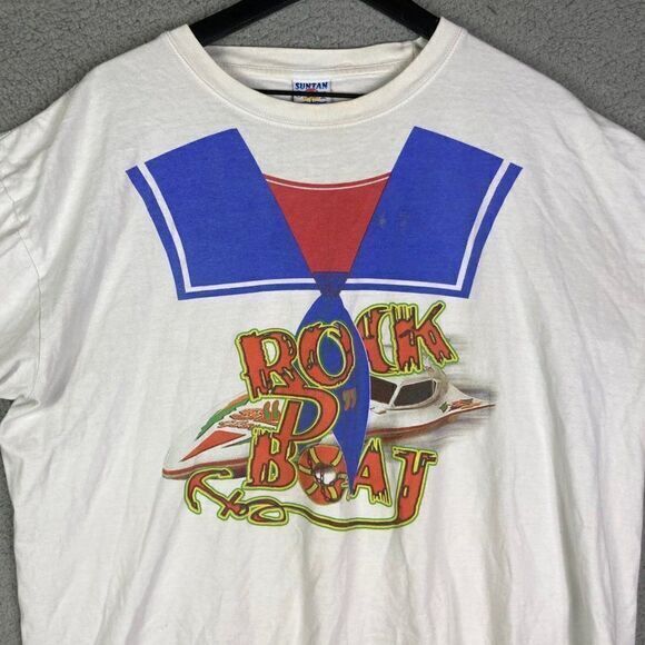 Rock D Boat Vintage T-Shirt Size 2XL Graphic Short Sleeve XXL Crew Neck Beige - Picture 4 of 10